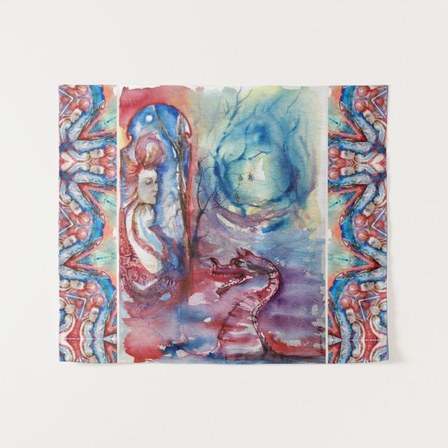 MORGANA Enchantress and Dragon ,Pink Blue Fantasy Tapestry (Front (Horizontal))