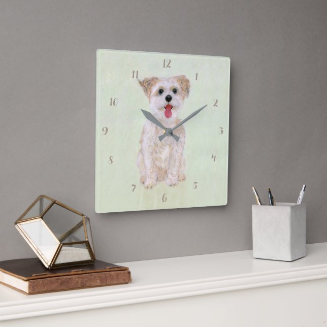 Morkie Chien Carré Acrylique Horloge Mur Avec Chif (Bureau)
