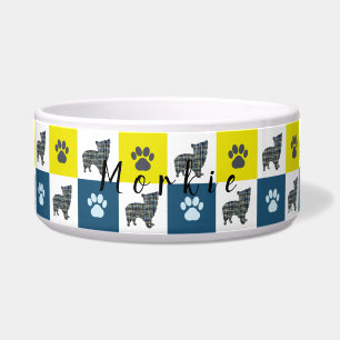 Morkie Dog & Paw Yellow & Blue Grid Dog Bowl