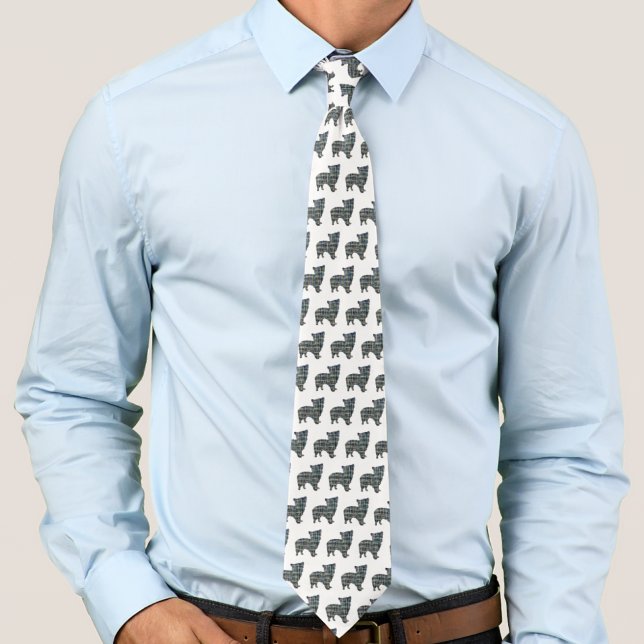 Morkie Dog Silhouette Yellow & Blue White Tie (Morkie white tie with grid abstract dog breed silhouette )