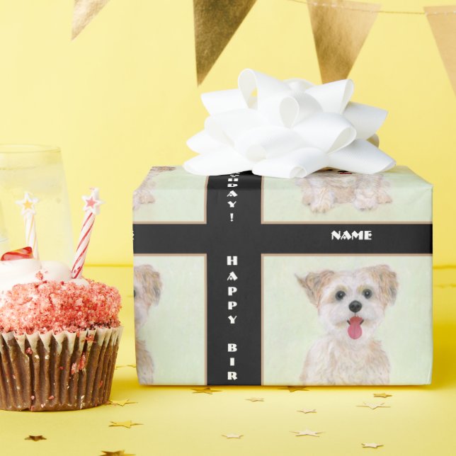 Morkie Dog Wrapping Paper On Black With Text (Birthday Party)