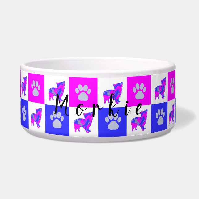 Morkie Terrier Dog & Paw Hot Pink & Blue Pet Bowl (Front)