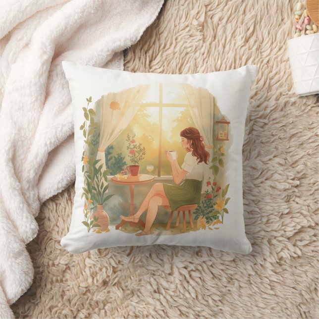 Morning Calm – Kind_Ones Whimsical Coffee Moment Throw Pillow (Blanket)