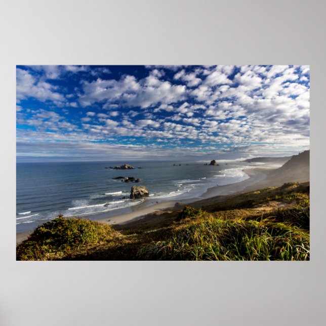Morning clouds and fog at the beach poster (Front)