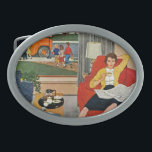 Morning Coffee Break Belt Buckle<br><div class="desc">Artist: Amos Sewell | Mom lounges with coffee as children board bus</div>
