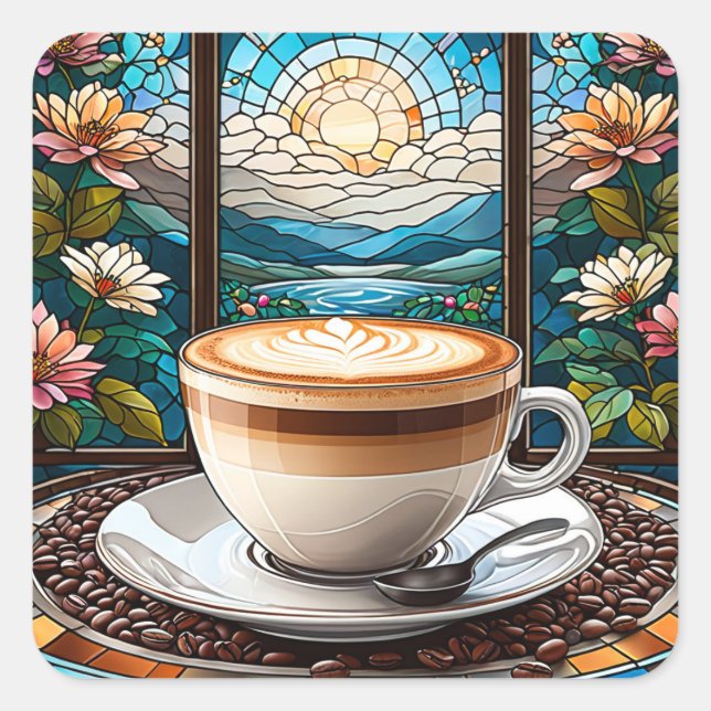 Morning Coffee Stained Glass Square Sticker (Front)