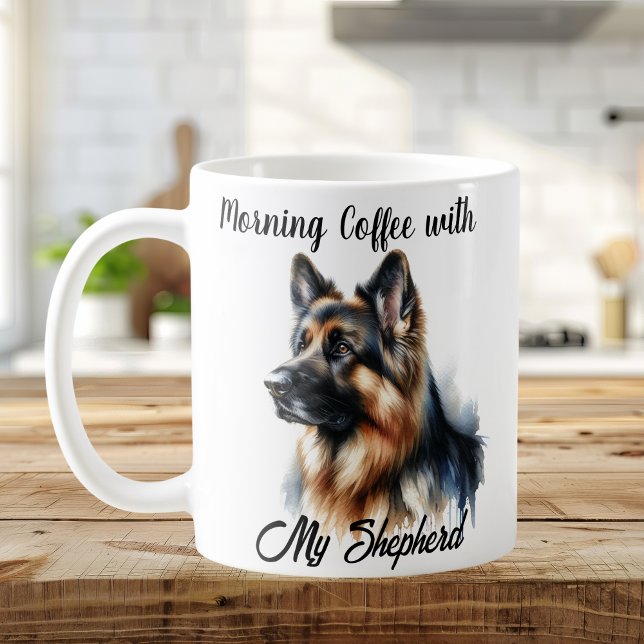 Morning Coffee With My Shepherd Modern Coffee Mug (Elegant Watercolor Art, Front View)