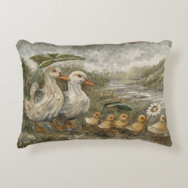 Morning Commute Whimsical Farmhouse Duck Rainy Day Accent Pillow (Front)