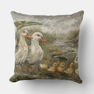 Morning Commute Whimsical Farmhouse Duck Rainy Day Throw Pillow