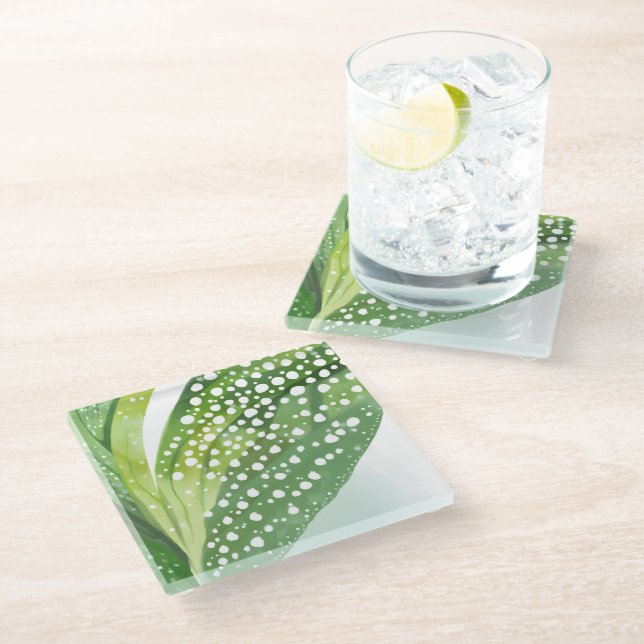 Morning Dew Green Leaf Glass Coaster (Angled)