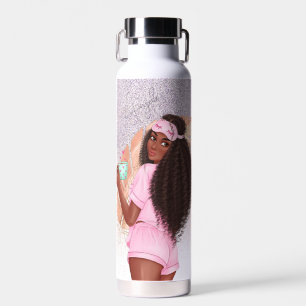 Morning Faux Glitter Girl Black  Curly Hair Water Bottle