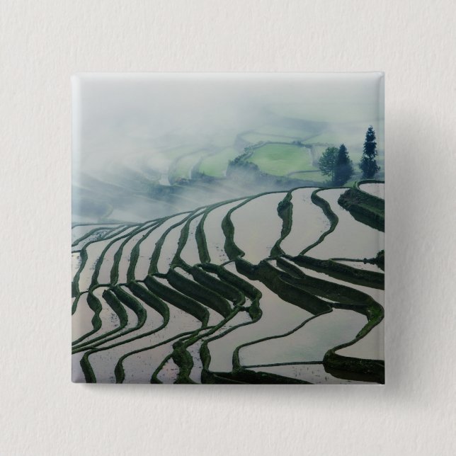 Morning Fog Above Rice Fields 2 Inch Square Button (Front)