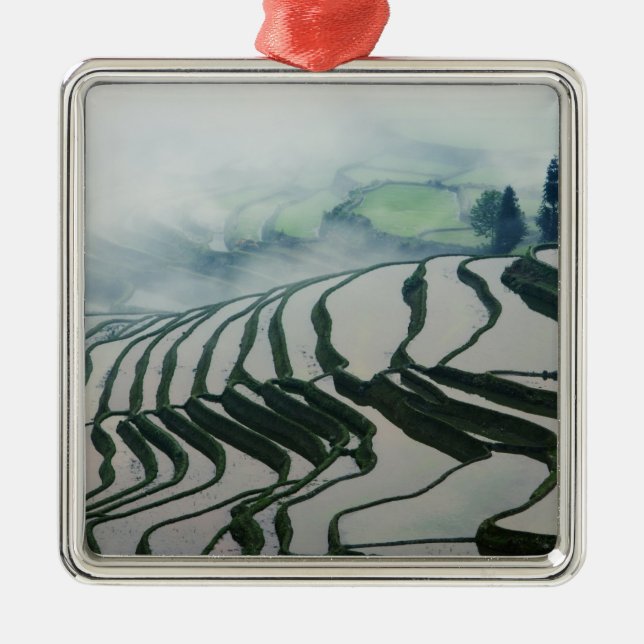 Morning Fog Above Rice Fields Metal Ornament (Front)