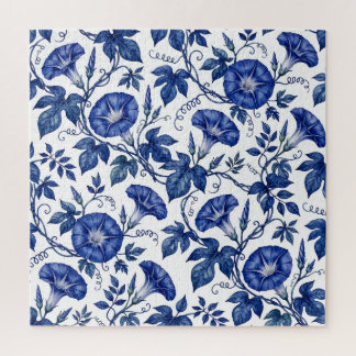 Morning Glories Cobalt Blue White Delft Style Jigsaw Puzzle