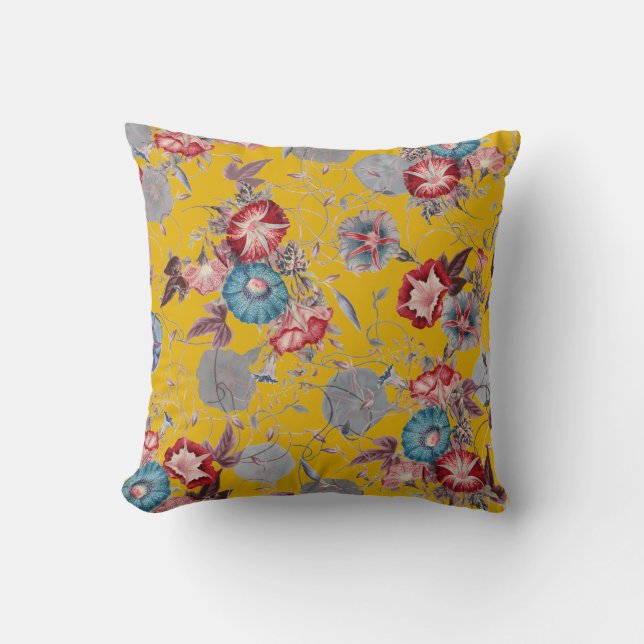 Morning Glories Flowers on Mustard Yellow Throw Pillow (Front)