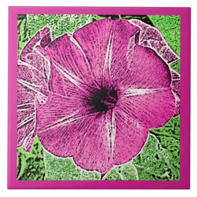 Morning Glory Block Print, Fuchsia Pink Ceramic Ti Tile (Front)