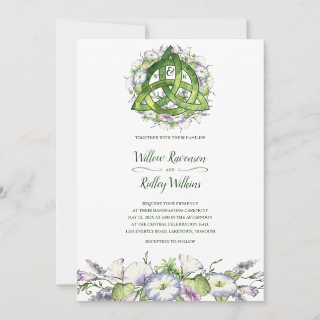 Morning Glory Celtic Green Triquetra Handfasting Invitation (Front)