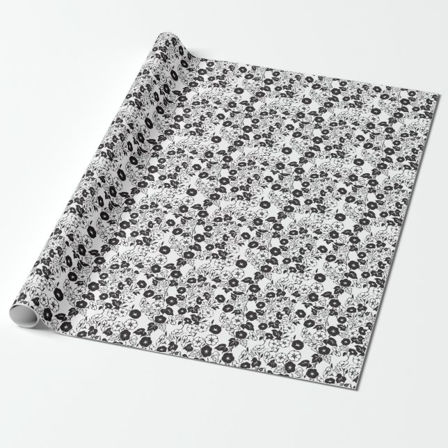 Morning Glory Flower Garden BW I Wrapping Paper (Unrolled)