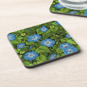 Morning glory in blue and green coaster