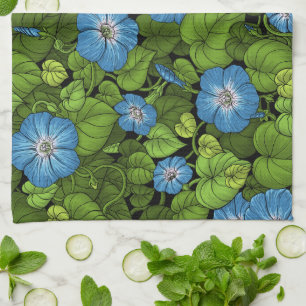 Morning glory in blue and green kitchen towel