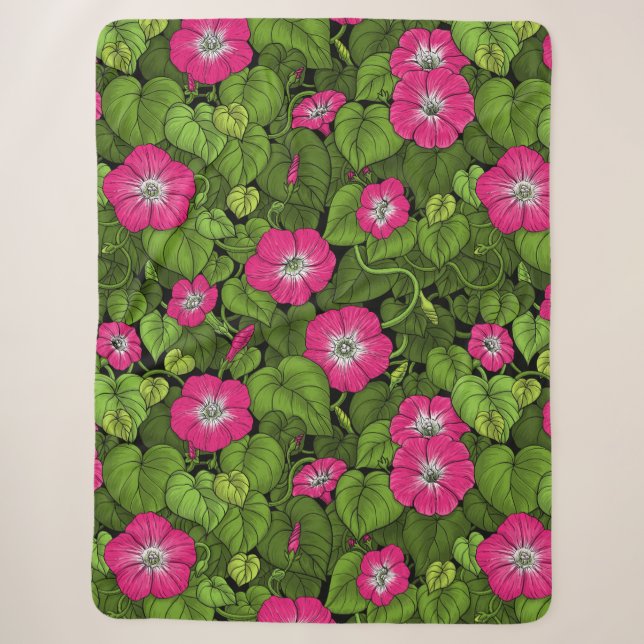 Morning glory in pink and green sherpa blanket (Front)