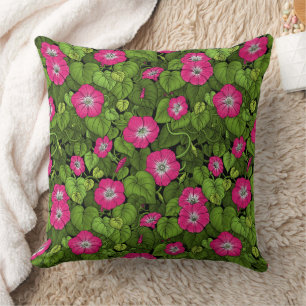 Morning glory in pink and green throw pillow