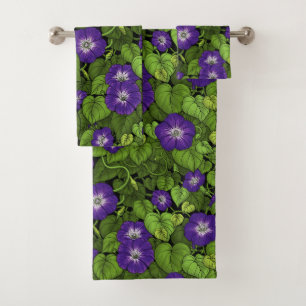 Morning glory in purple and green bath towel set