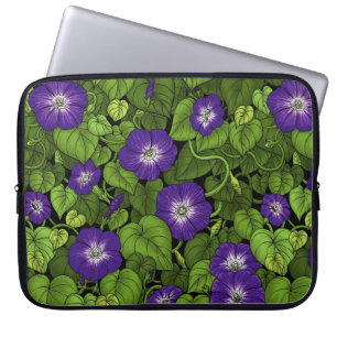 Morning glory in purple and green laptop sleeve