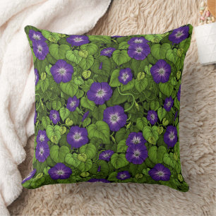 Morning glory in purple and green throw pillow