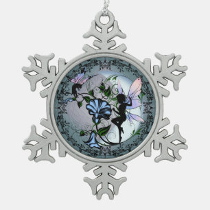 Morning Glory Shadow Fairy and Cosmic Cat Snowflake Pewter Christmas Ornament
