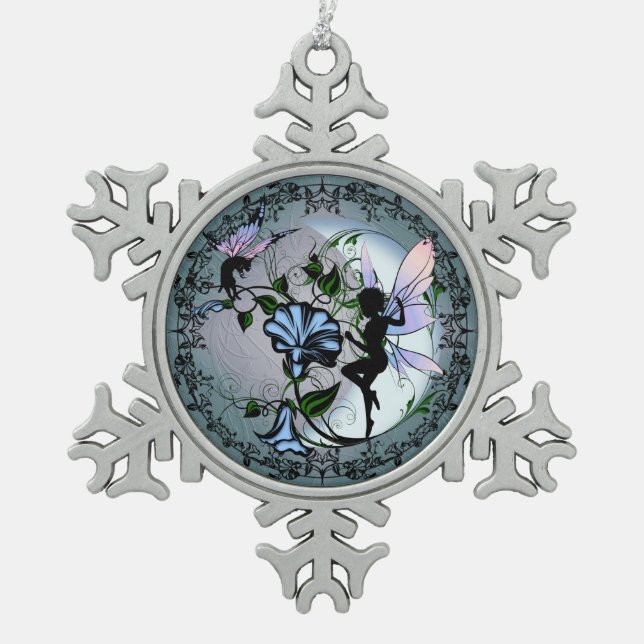 Morning Glory Shadow Fairy and Cosmic Cat Snowflake Pewter Christmas Ornament (Front)
