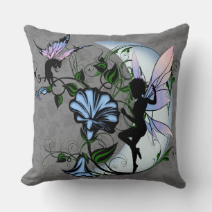 Morning Glory Shadow Fairy and Cosmic Cat Throw Pillow
