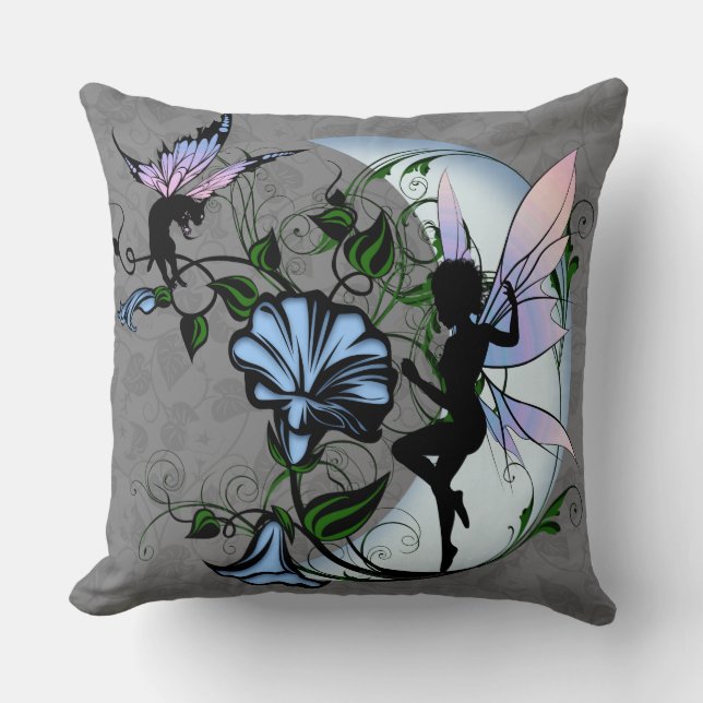 Morning Glory Shadow Fairy and Cosmic Cat Throw Pillow (Front)