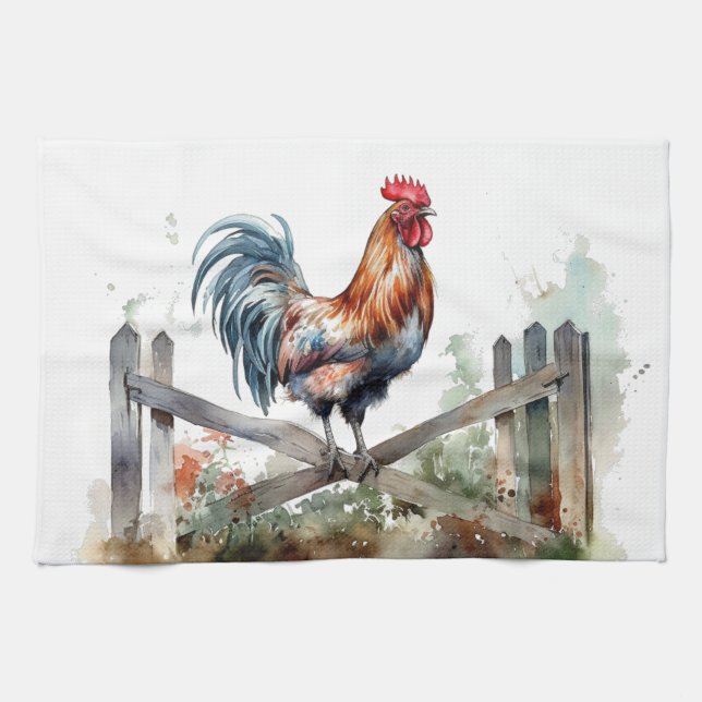 Morning Glory: Watercolor Rooster Kitchen Towel (Horizontal)