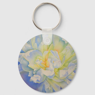 Morning Glow   white peony watercolor painting Keychain