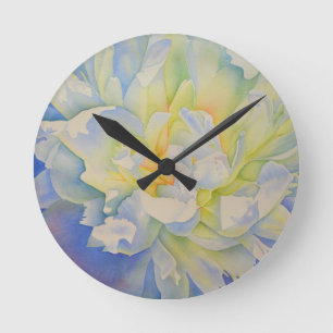 Morning Glow white peony watercolor painting Round Clock
