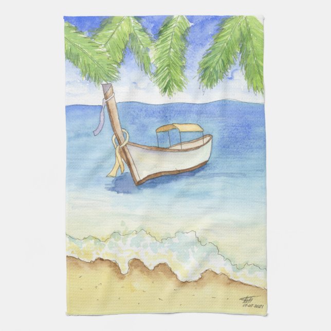 Morning in Bali Watercolor Kitchen Towel (Vertical)
