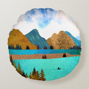 Morning Lake Rower Round Pillow