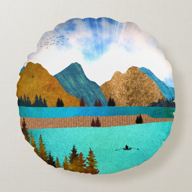 Morning Lake Rower Round Pillow (Front)