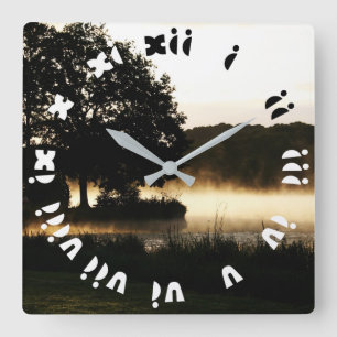 Morning Lake Scene Fat Roman Numbers wccn Square Wall Clock