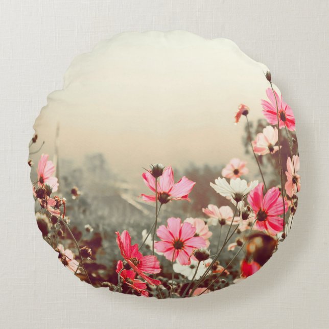 Morning light, blooming pink cosmos. round pillow (Front)