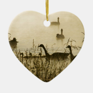 Morning Light Canadian Geese Pond Silhouette Ceramic Ornament