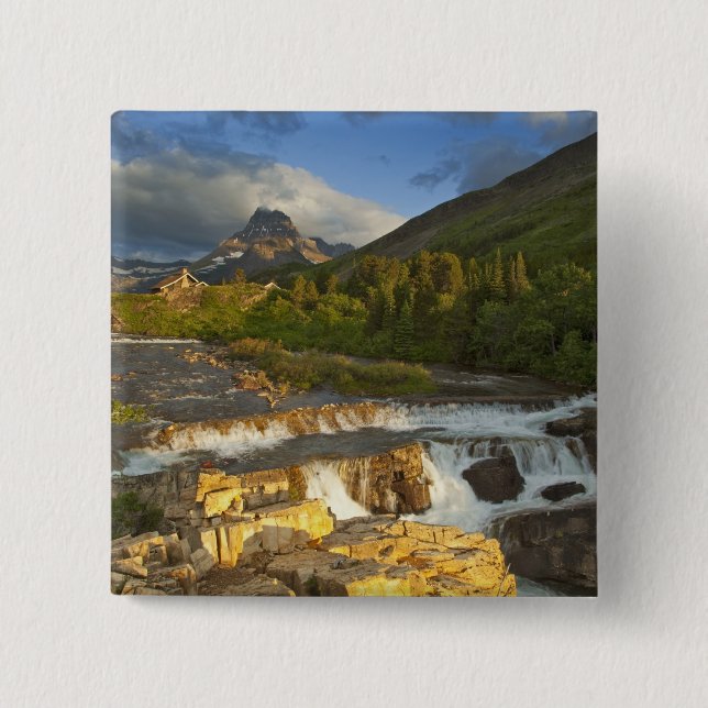 Morning light greets Swiftcurrent Falls in the 2 Inch Square Button (Front)