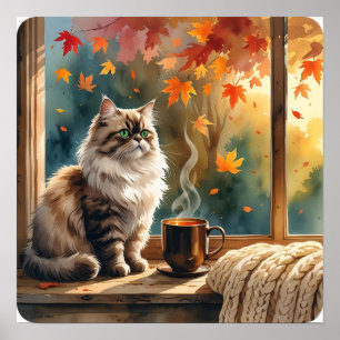 Morning Mews – Cat with Coffee & Leaves Art Poster