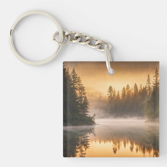 Morning Mist on River in the Pines Keychain (Front)