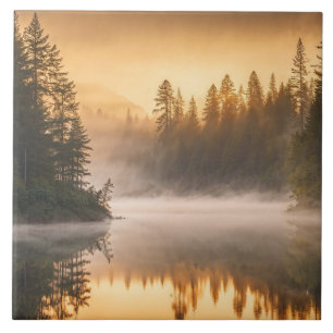 Morning Mist on River in the Pines Tile