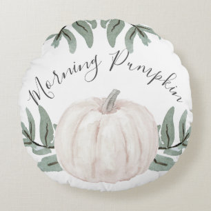 Morning Pumpkin Pastel Watercolor with Fall Leaves Round Pillow