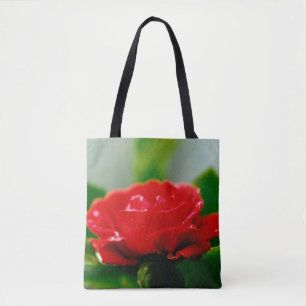 Morning red Rose covered with dew drops Tote Bag