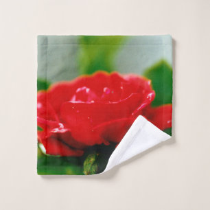 Morning red Rose covered with dew drops  Wash Cloth