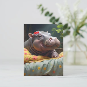 "Morning Snuggles: Baby Hippo Wakes in Basket, Postcard